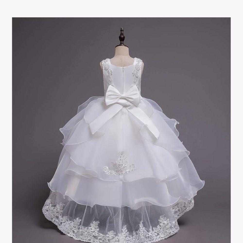 White Flower Girl Dress with Bow Back